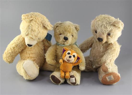 Three bears, Jerry mouse, two Chad Valley bears 1950s and other synthetic plush, tallest 14in.